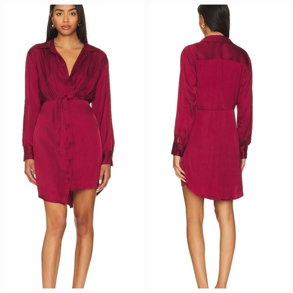 NWT Steve Madden Barcelona Shirt Dress Burgundy Satin Knotted Size S